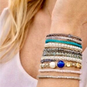 10 Stackable Stretchy Bohemian Blue & Gold Bead Bracelets Set • NEW • NO TAGS